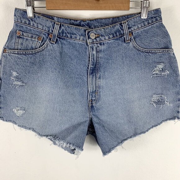 Vintage Levis Jean Shorts Sz 14 Distressed CutoffHi Waist Light Wash Denim 90s